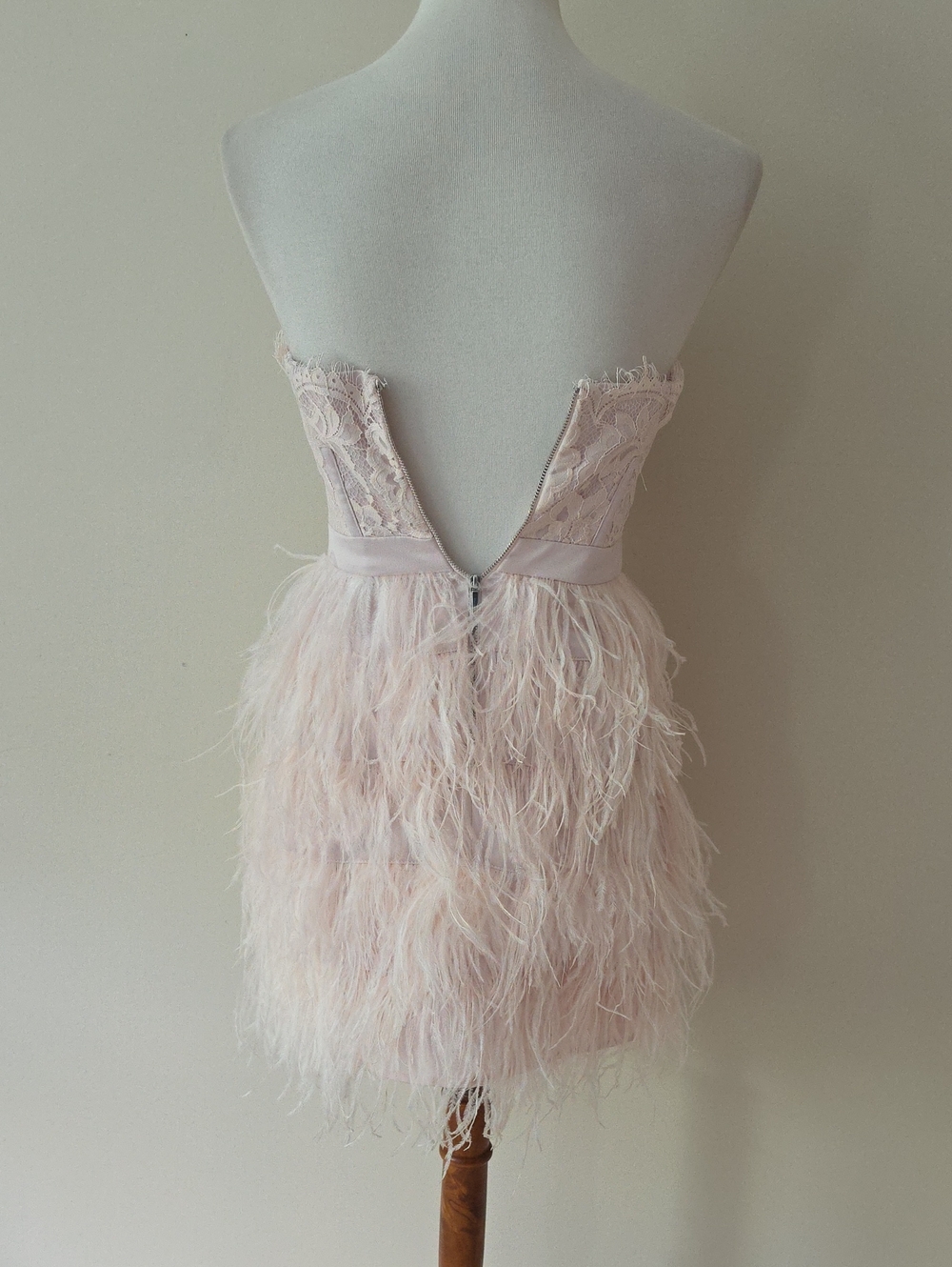 Bebe Strapless Blush Lace & Feather Cocktail Dress - Picture 2 of 11